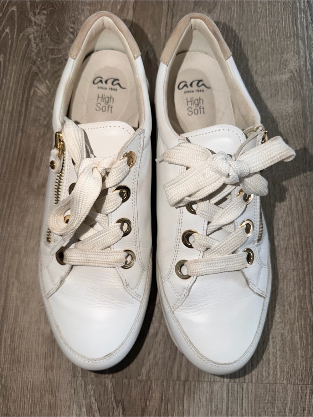Ara White Leather Lace-Up Sneakers with Gold Accents
